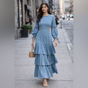 LEZ A LEZ Long Denim Dress with Ruffles & Cutouts